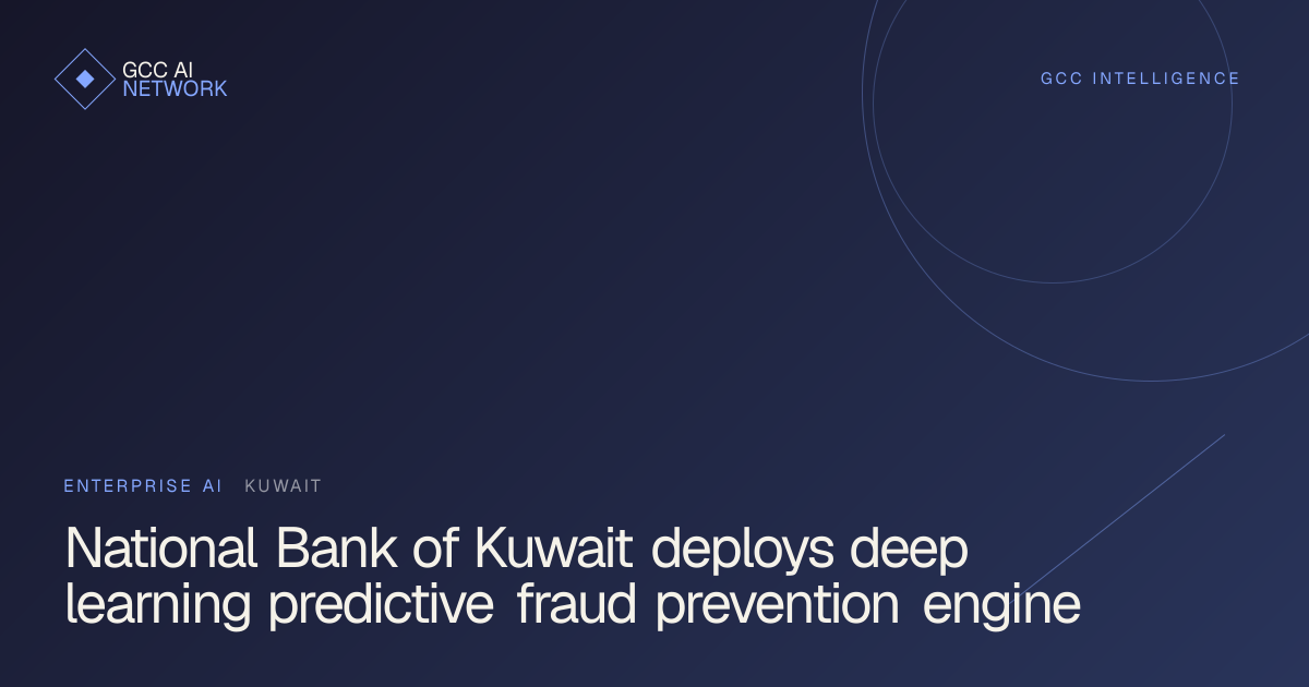 Editorial graphic showing National Bank of Kuwait real-time AI fraud detection and cybersecurity system