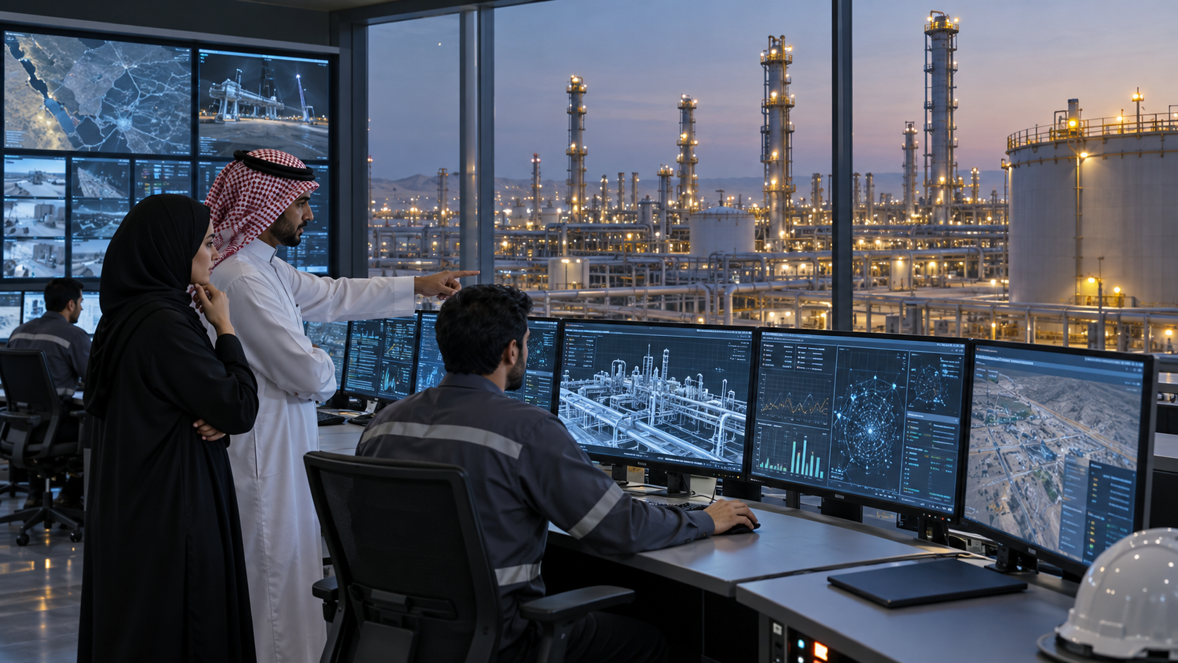Industrial energy engineers reviewing AI-assisted operations in a Saudi facility