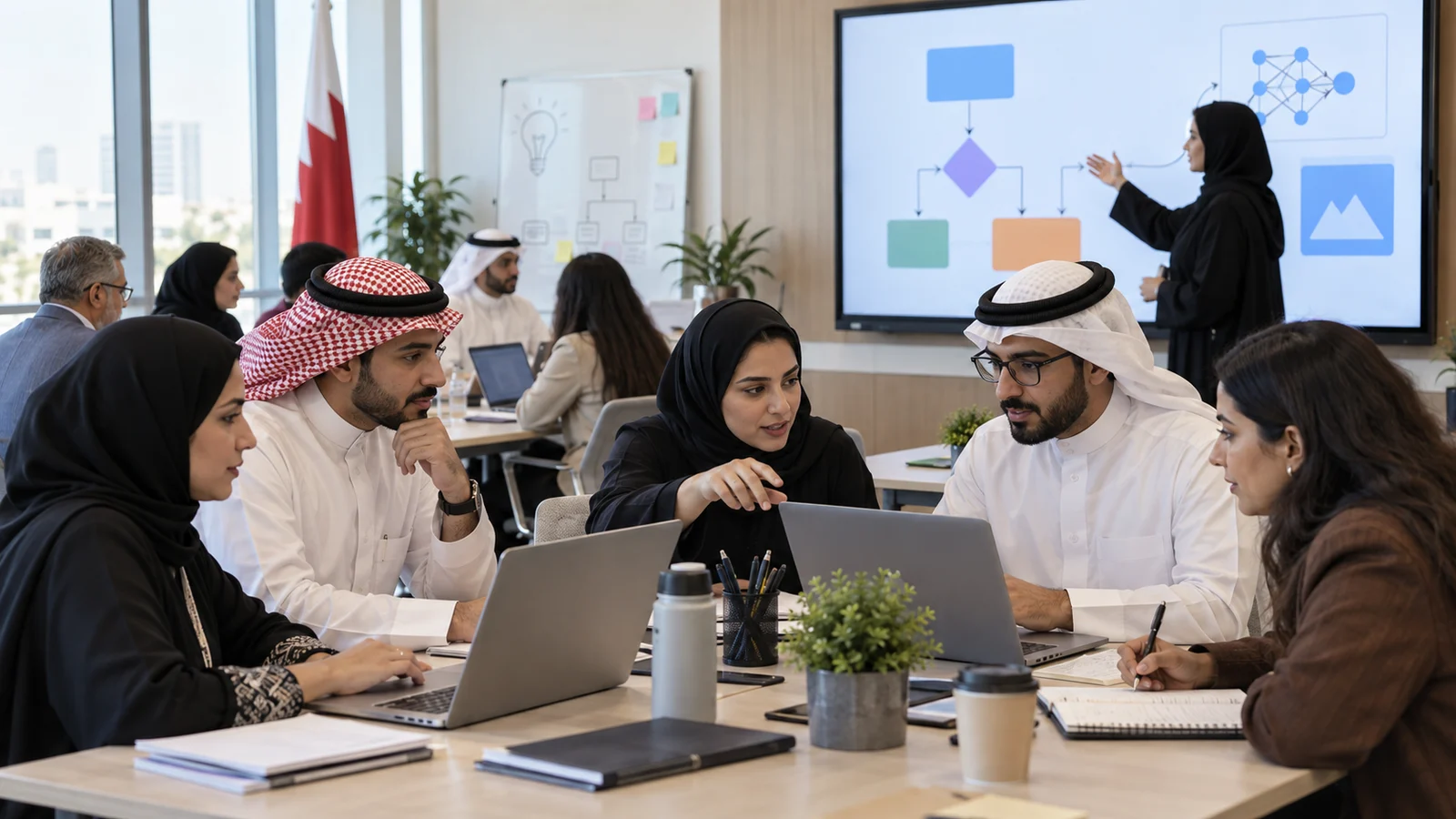 Editorial graphic illustrating Bahrain's three-track national artificial intelligence training programme