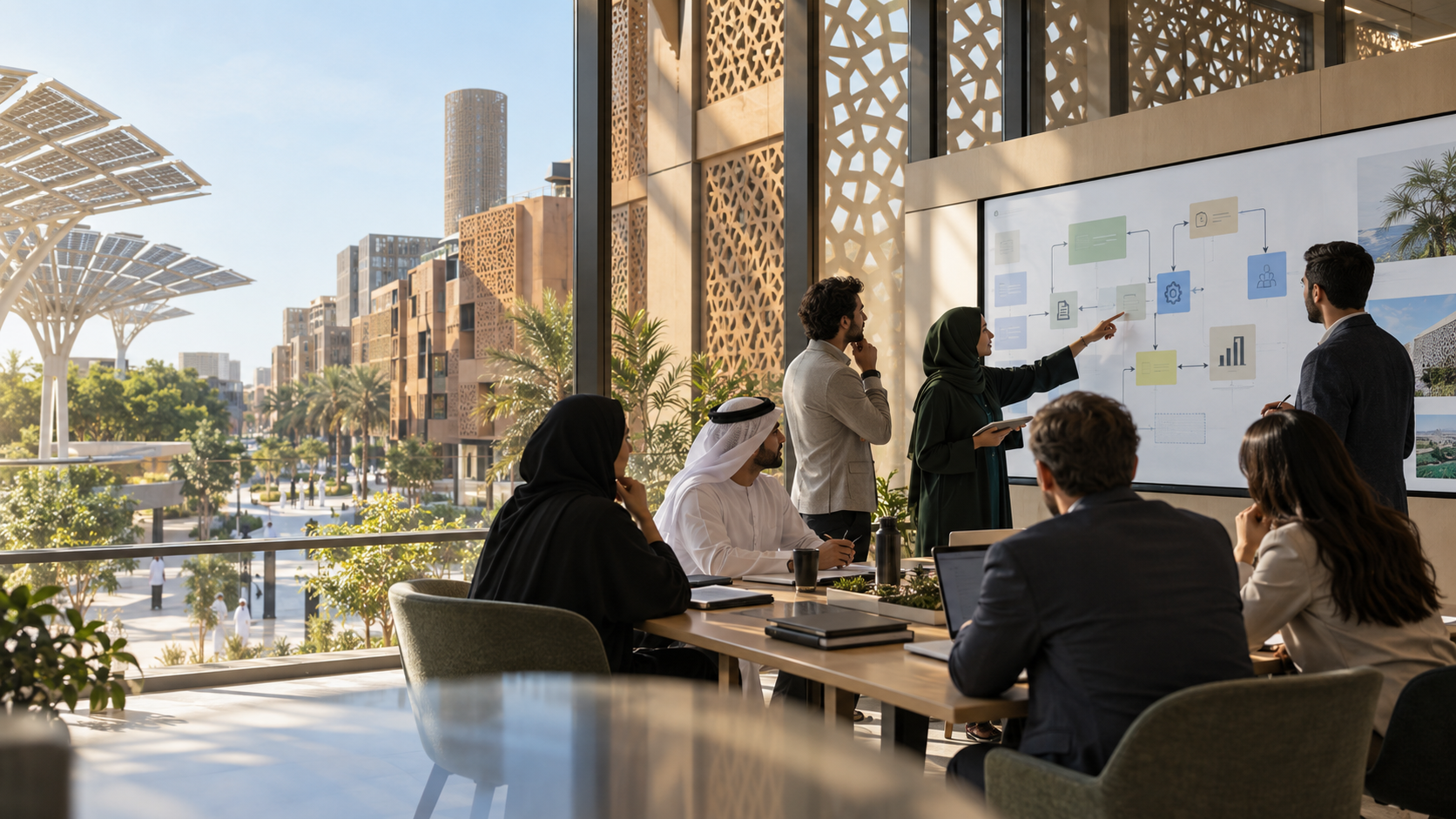 AI transformation consultants redesigning an enterprise workflow in a Masdar City innovation office