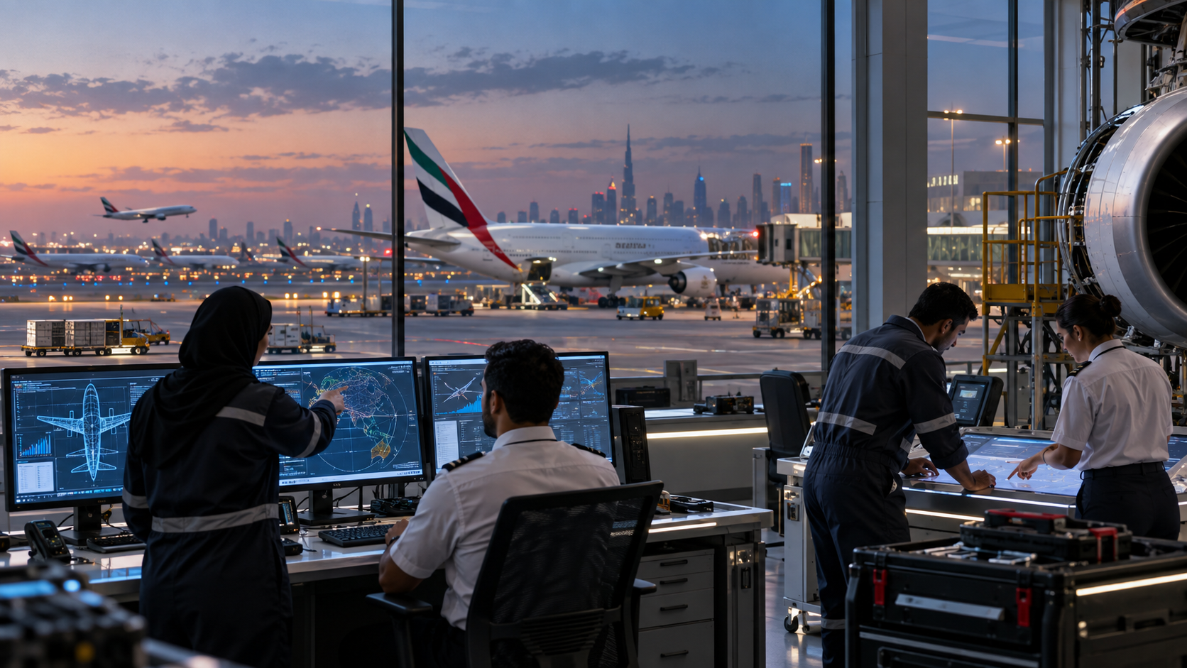 Aviation operations engineers testing an AI-assisted workflow beside an airport terminal