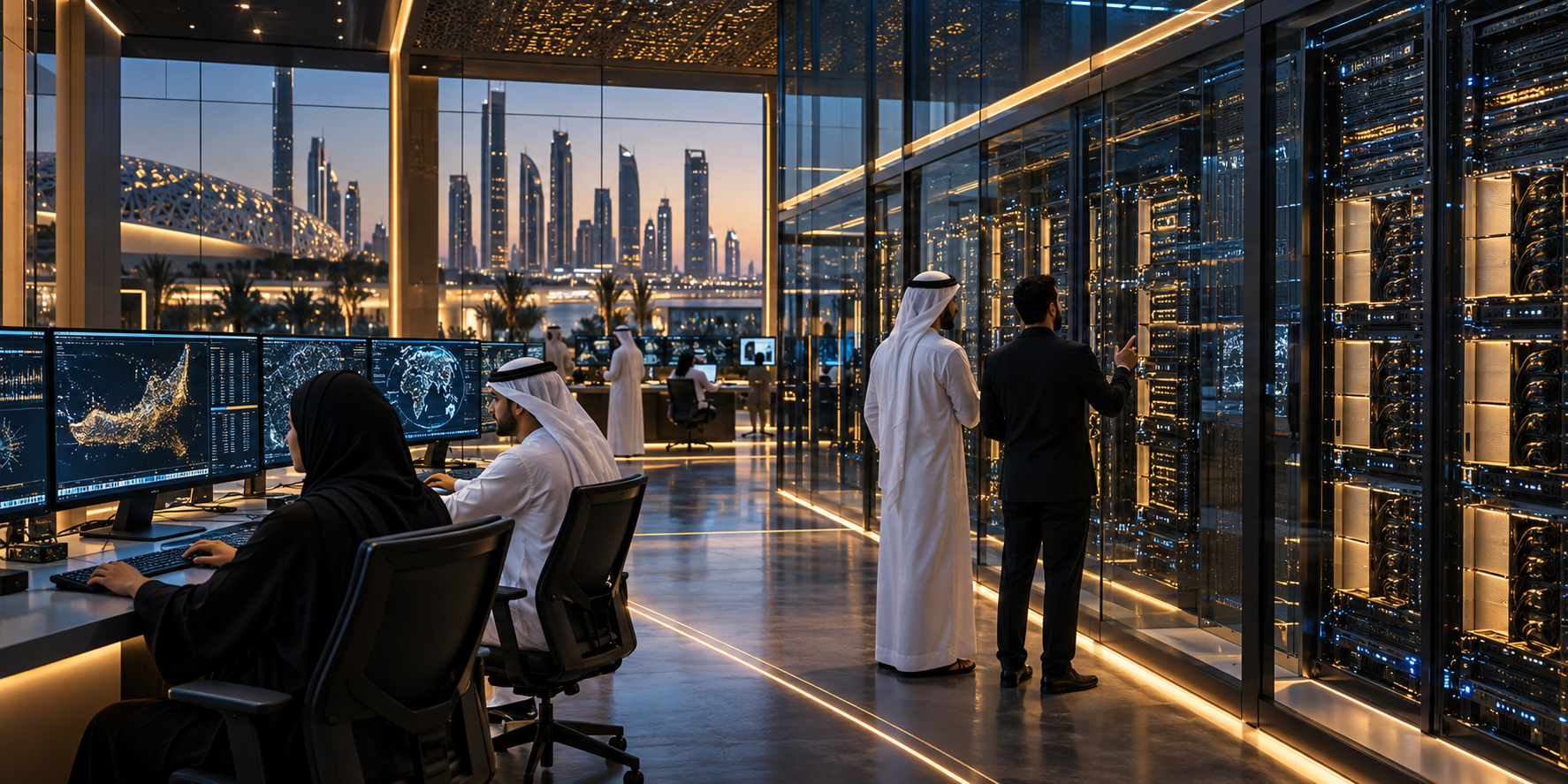 Researchers examining multilingual Arabic AI model systems in a Gulf research centre