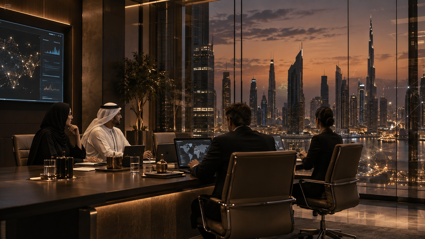 Editorial illustration of an enterprise AI strategy meeting in a Gulf business district