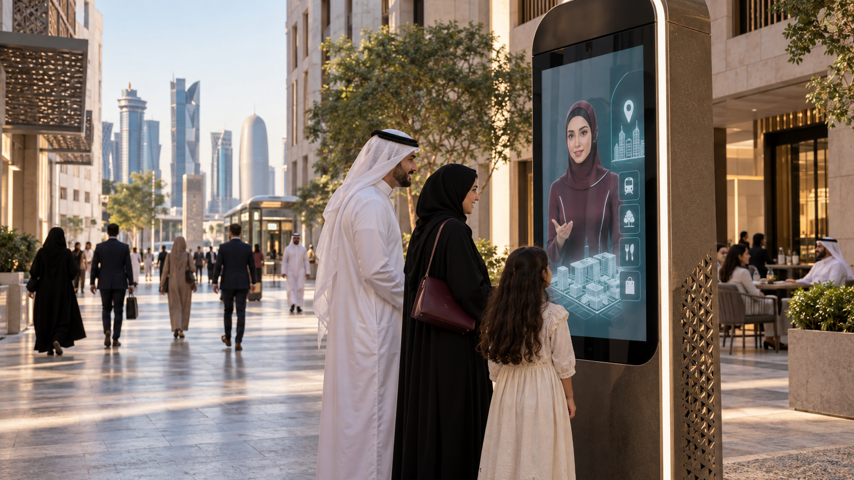 AI-enabled public concierge kiosk in a contemporary Doha district