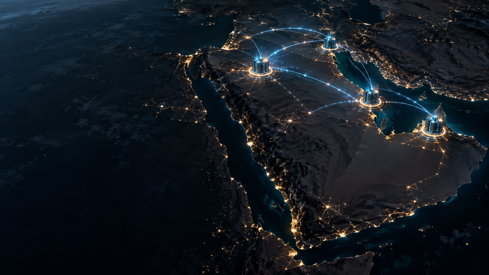 Editorial view of cloud and AI infrastructure links connecting Gulf countries