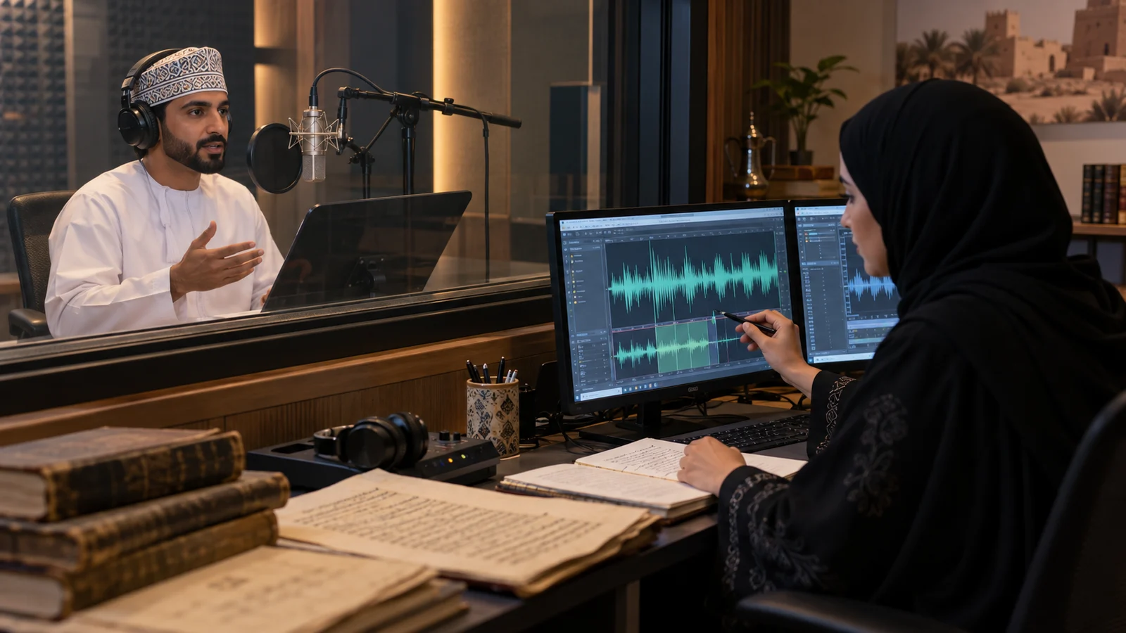 Editorial graphic representing Oman's Maeen language model, AI Studio and open-data portal