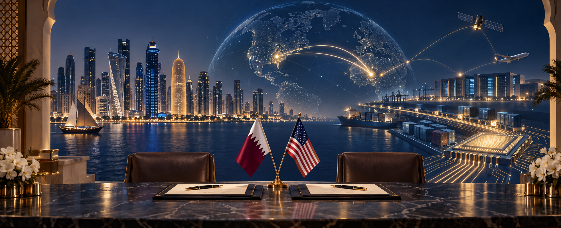 Editorial illustration of Qatar and US advanced technology supply chains