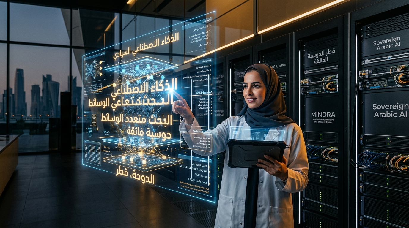 Editorial graphic representing Fanar 2.0 research benchmarks and Arabic multimodal model architecture