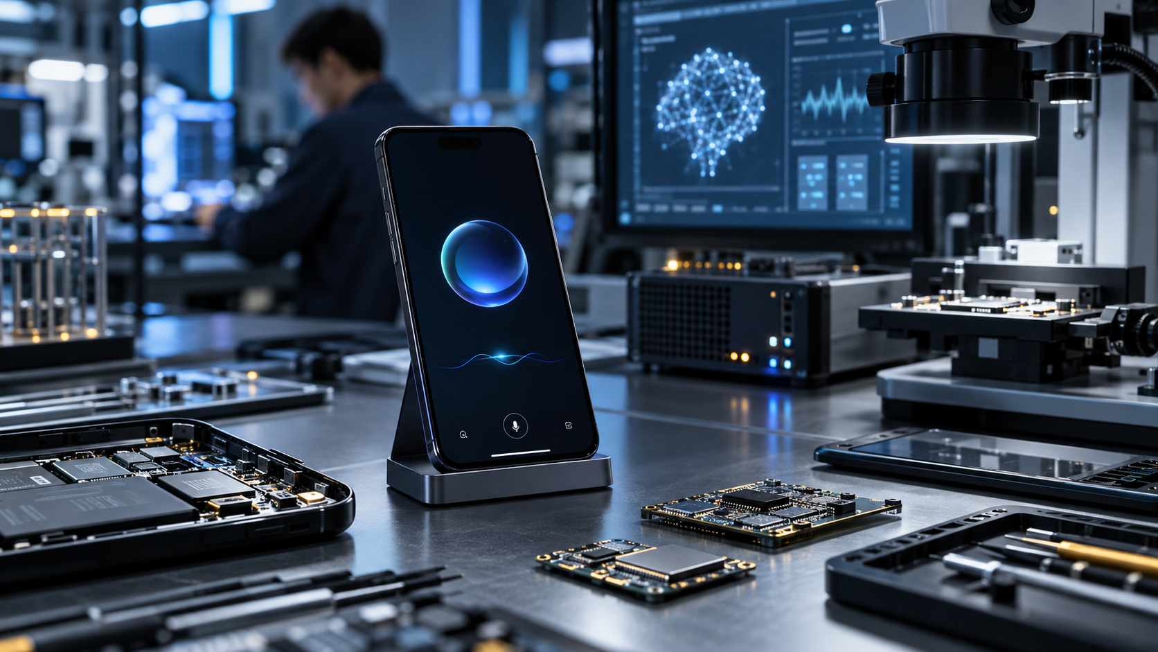 Editorial illustration of a smartphone and mobile processor hardware running local agentic AI