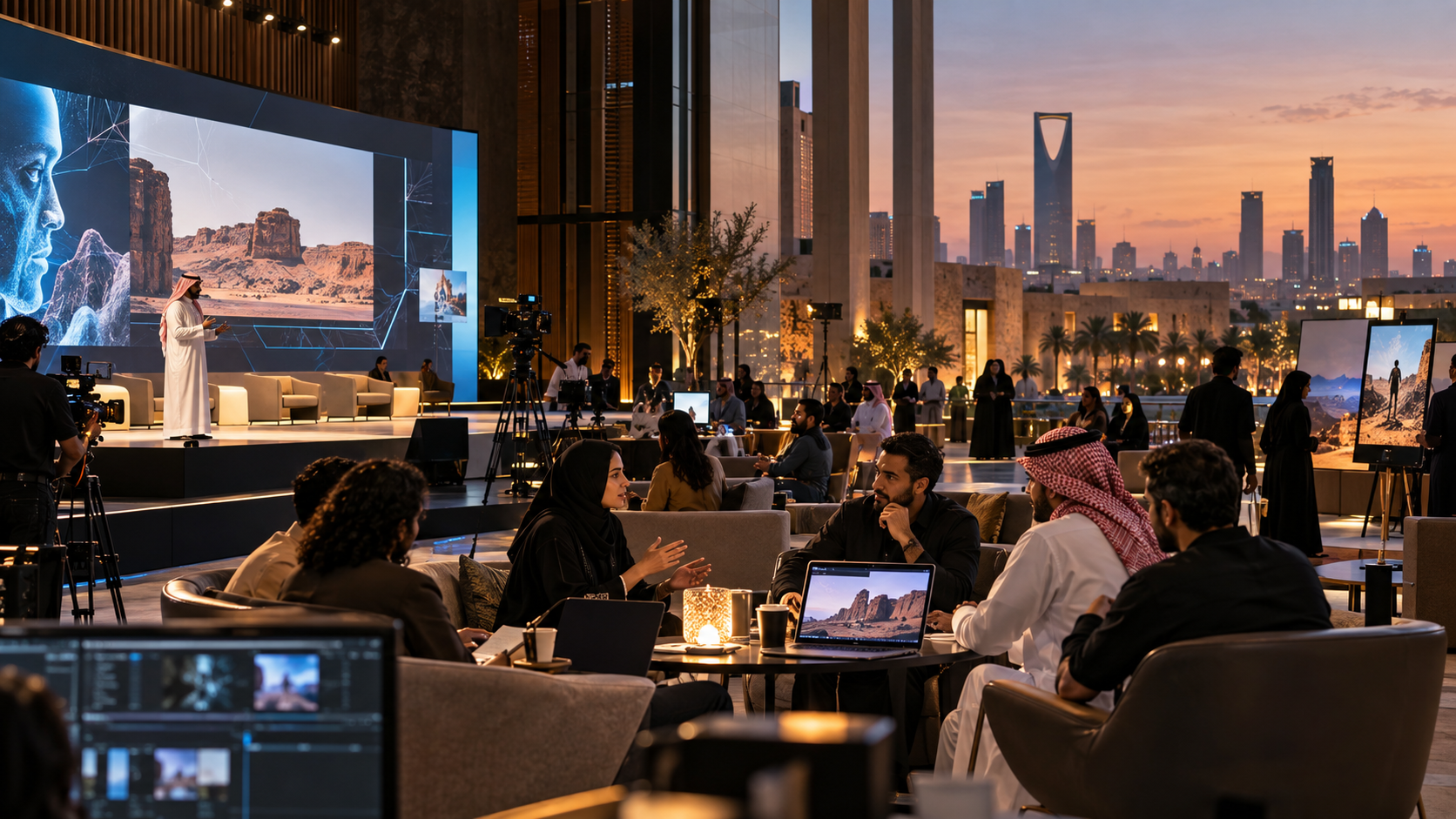 Creative professionals discussing AI at a Riyadh media and technology summit
