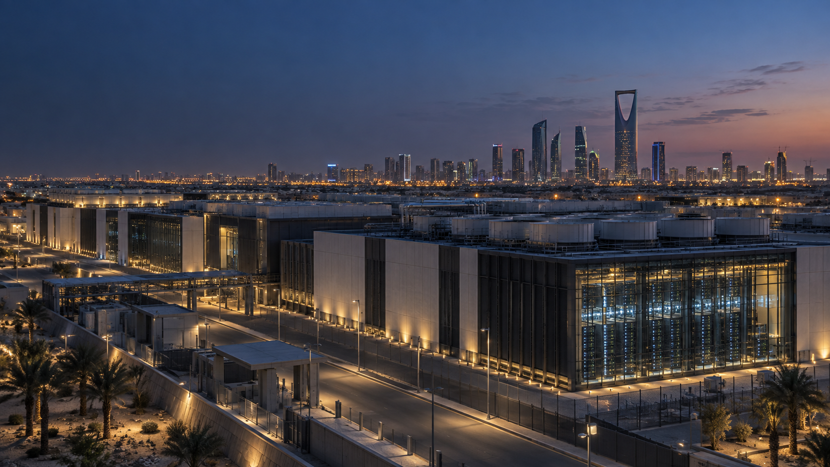 Editorial illustration of a Saudi data-center campus at dusk with the Riyadh skyline in the distance