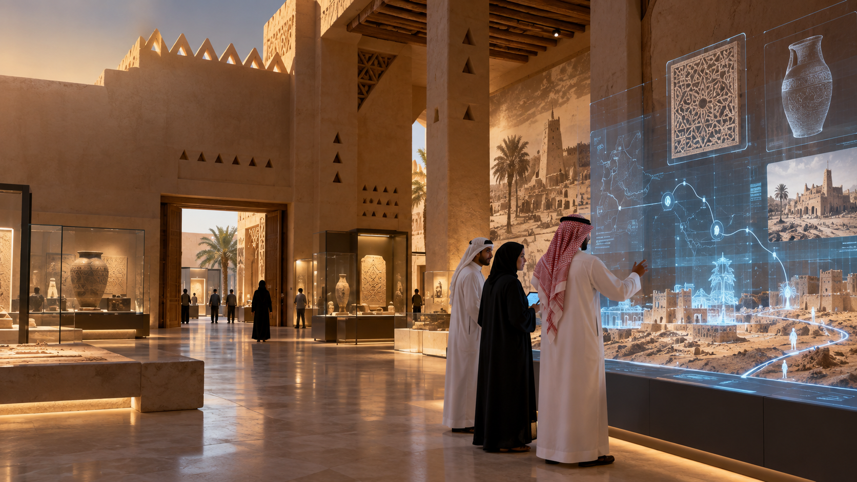 Editorial view of a Saudi museum interior with subtle AI mapping for cultural storytelling