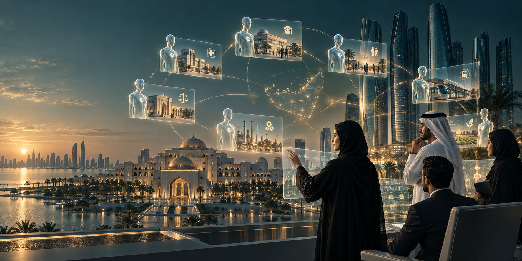 Editorial illustration of UAE government services using governed agentic AI