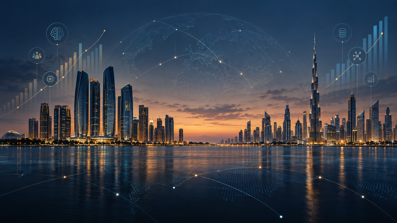 Abu Dhabi and Dubai skylines represented through a restrained AI city data visualisation