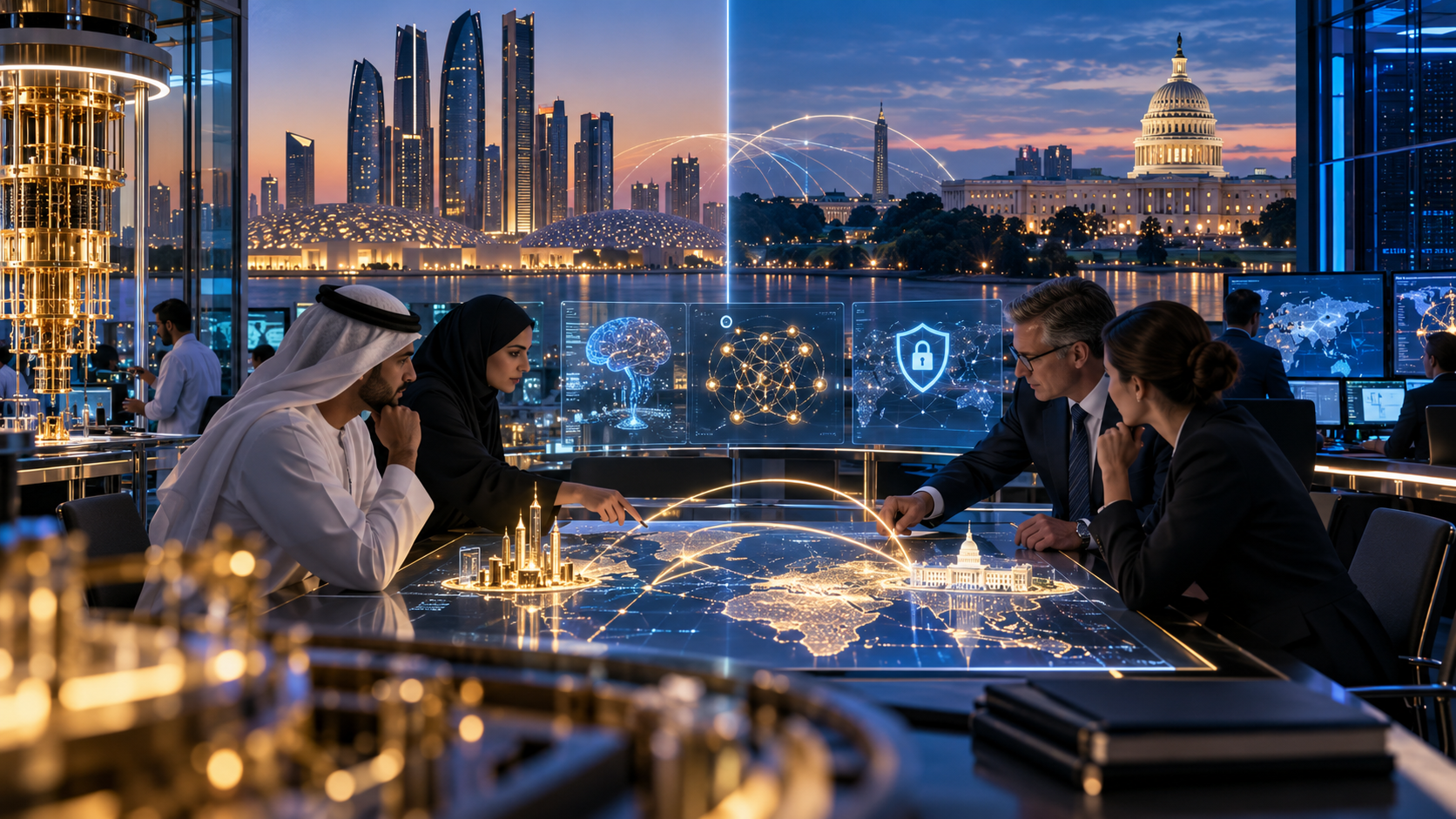 UAE and US technology leaders reviewing connected AI, quantum and cybersecurity infrastructure